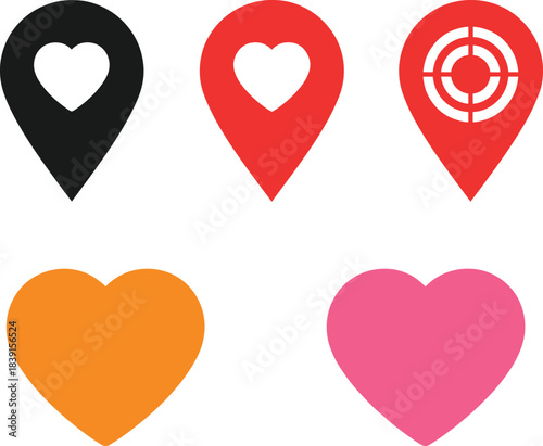 Vector collection of location map pin icons featuring heart and target symbols alongside two solid heart shapes, representing love, favorites, and specific destinations.
