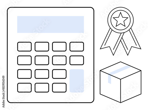 Finance, logistics, achievement, accounting, shipping, reward systems. ion of a calculator, box and award ribbon. Finance and logistics concepts illustrated combining calculation and delivery