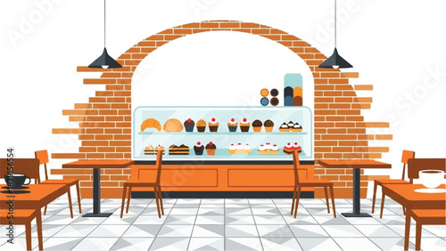 Cozy Bakery Cafe Interior with Display Case Full of Pastries and Seating