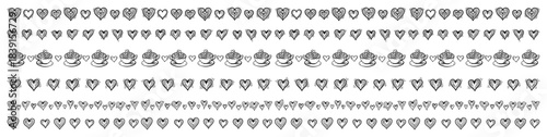 Hand drawn heart borders set vector seamless decorative love dividers with coffee cups sketch style valentine doodle lines