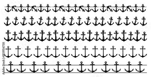 Set of nautical anchor borders vector seamless dividers with black marine silhouettes and ship equipment symbols