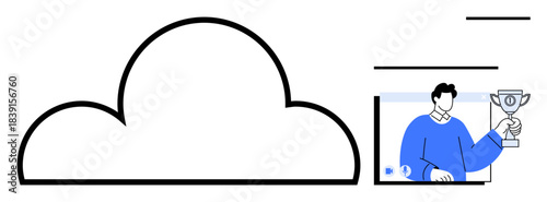 Cloud outline representing online storage alongside person displaying trophy in virtual platform. Ideal for digital achievement, online learning, teamwork, success, cloud services, technology