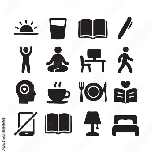 Set of black icons representing daily activities and lifestyle symbols