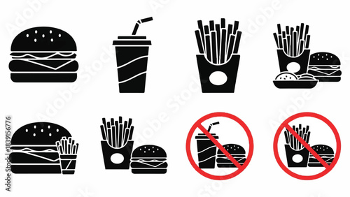 Fast Food Icons and Prohibited Signs, Graphic Set, Minimalist Design, Digital Illustration