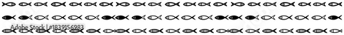 Hand drawn fish borders set vector seamless marine dividers with christian ichthys symbols sketch style religious decoration lines