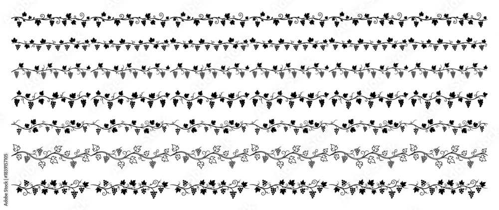 Fototapeta premium Hand drawn grape vine borders set vector seamless winery dividers with fruit clusters and leaves sketch style vineyard decoration lines