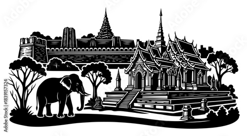 Thai temple and elephant silhouette with ancient asian architecture and trees