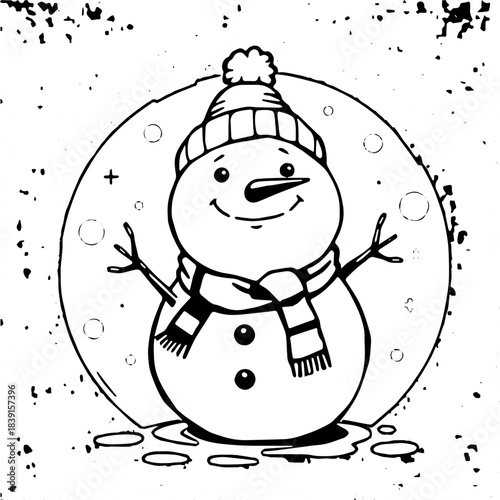 Black and White SVG Cute Snowman Character Vector – Winter Holiday Snowman Illustration