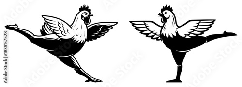Funny dancing chicken silhouette set with human legs performing ballet poses