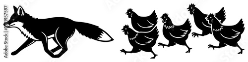 Fox chasing running chickens vector silhouette illustration of predator hunting poultry