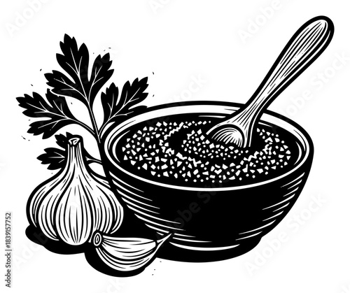 Hand drawn rustic composition with salt bowl garlic cloves and fresh herbs woodcut style vector illustration