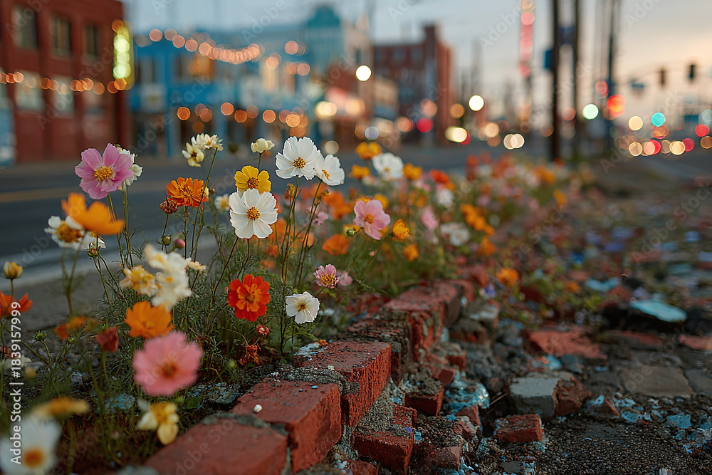 Fototapeta premium Vibrant wildflowers bloom amidst urban decay, creating a striking contrast between nature and the city