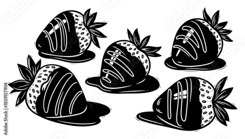 Hand drawn chocolate covered strawberries set vector illustration in vintage woodcut style