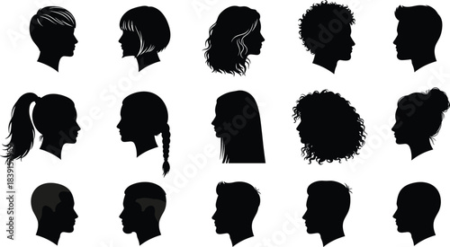 Collection of diverse male and female hairstyle silhouette profiles showcasing various modern haircuts and styles for creative vector design projects