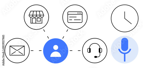 Customer service, communication tools, workflow, business processes, customer support, interaction. Network of icons including email, headset and user figure. Customer service and communication