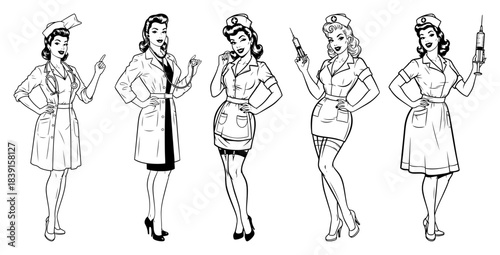 Hand drawn retro nurse and doctor pinup girls vector vintage medical staff characters with syringe and stethoscope sketch