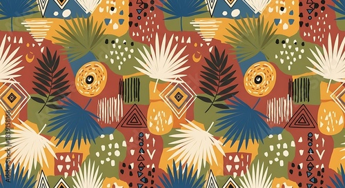 Vibrant Tropical Pattern with Abstract Geometric and Botanical Elements.