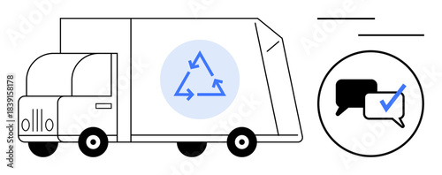 Recycling truck with a blue circular arrow icon and speech bubble with checkmark emphasizing sustainability. Ideal for environmental care, recycling, waste management, eco-friendly policies
