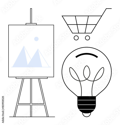 E-commerce, creativity, innovation, artistic design, marketing, consumer behavior. Shopping cart with lightbulb and easel displaying abstract art. Creativity and e-commerce concept