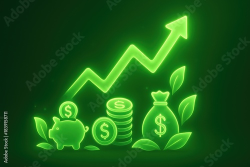 sustainable retirement plan concept. Green financial growth illustration with money and plants.