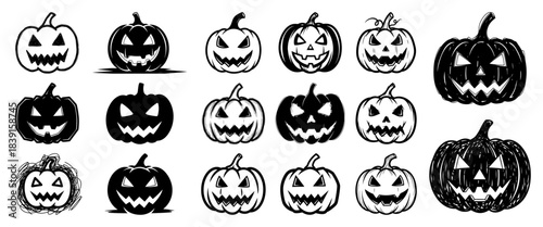 Hand-Drawn Halloween Jack-o'-Lantern Icon Set – Sketch Vector Pumpkin Faces Collection