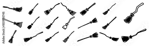 Hand-Drawn Witch Broom Icon Set – Sketch Vector Broomstick Collection