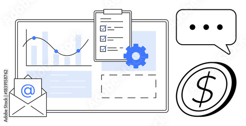 Business strategy, data analytics, communication, project management, teamwork, finance. Graph, checklist gears email dollar symbol. Business strategy and data analytics