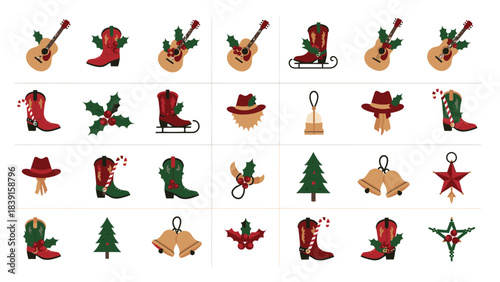 A festive collection of country western Christmas icons including cowboy boots, guitars, hats, holly, and bells.