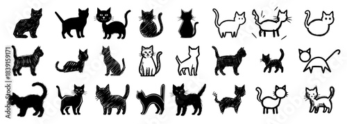 Hand-Drawn Cat Icon Set – Sketch Vector Kitty Silhouette Collection