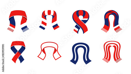 Eight different red and blue striped and solid color fan scarves with various designs on a white background.