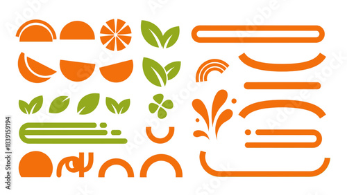 A collection of orange and green vector graphic elements, including citrus fruit slices, leaves, and abstract shapes, suitable for branding or design.