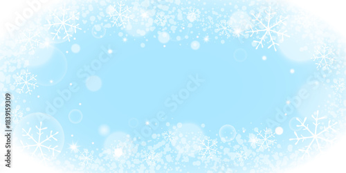 Christmas Frame with Hand Drawn Snowflakes, Festive Background, Glowing Stars and Bokeh, Vector