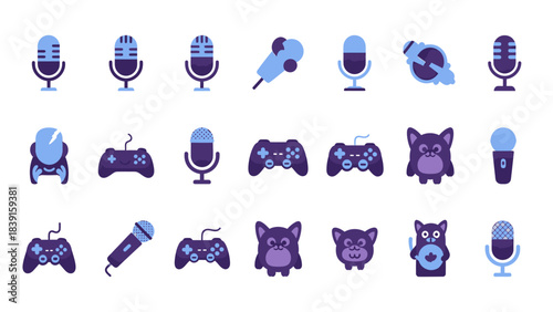 A collection of flat design icons featuring microphones, game controllers, and stylized animal heads, representing gaming and audio themes.