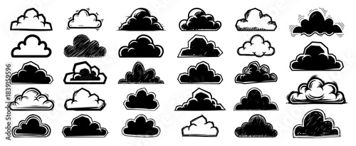 Hand-Drawn Cloud Icon Set – Sketch Vector Weather Sky Collection