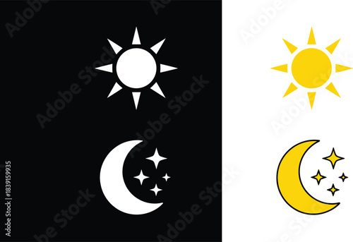Vector icons illustrating the concepts of day and night, featuring the sun and the moon with stars, presented in both monochromatic and color styles.