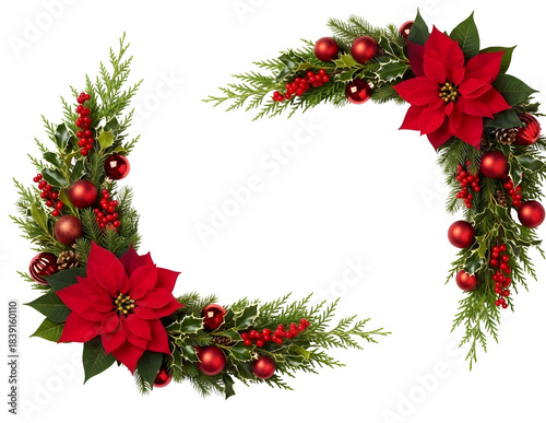 Christmas corner decoration with poinsettias and pine cones isolated on transparent background