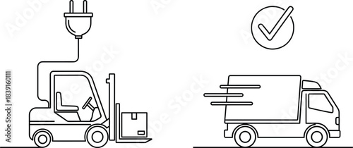 Outline graphic collection representing modern, sustainable transport and warehousing, featuring quick e-commerce fulfillment and successful completion.