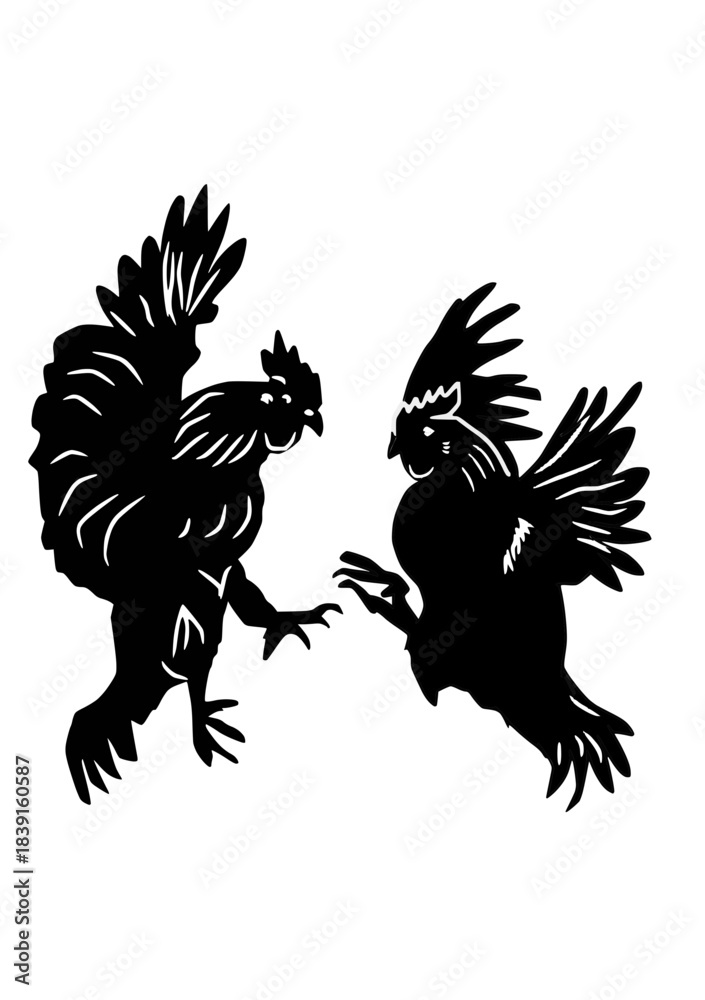 Fototapeta premium Black Silhouette of Two Roosters Fighting and Facing Off