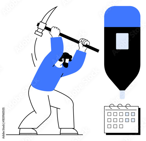 Person striking a pickaxe near a pen and calendar, symbolizing effort, creativity, goal setting, innovation. Ideal for planning, hard work, time management, brainstorming diligence deadlines