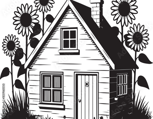 Charming rustic cottage illustration with blooming sunflowers, a serene black and white graphic design asset evoking an idyllic summer scene