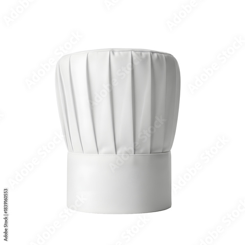 A chef's hat, symbolic of culinary expertise. The pristine white fabric is neatly pleated, highlighting its form. 