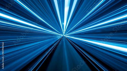 Blue tunnel of light streaks stretching toward vanishing point in dynamic fast-paced futuristic motion blur environment