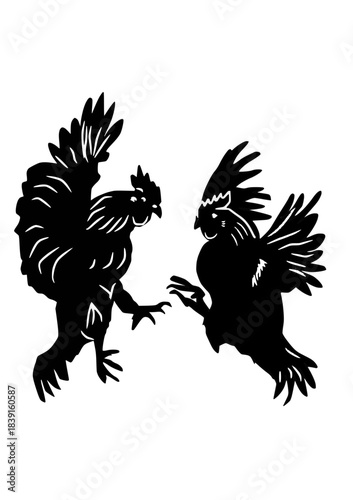 Black Silhouette of Two Roosters Fighting and Facing Off
