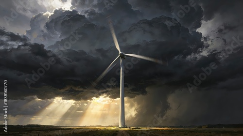 Wind Turbine Under Storm Clouds, Clean Energy Facility & Dramatic Natural Landscape for Energy Themes & Ambient Designs