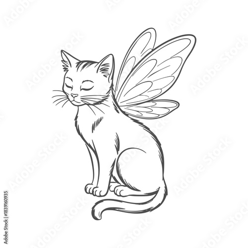 black and white line drawing of a kitty fairy