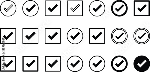 Collection of various check mark icons in circle and square shapes representing approval, confirmation, validation, success, and completed tasks in vector design