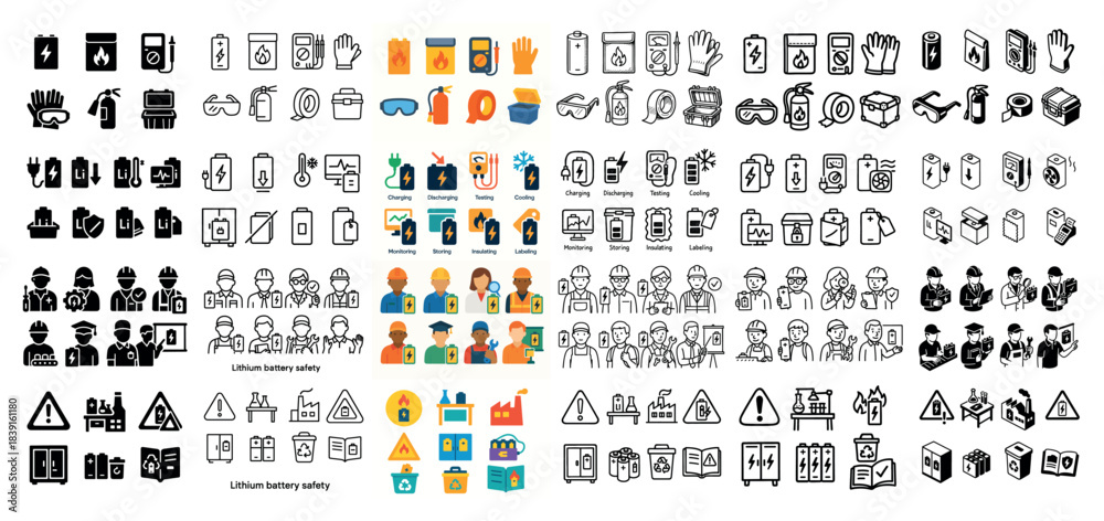 Obraz premium Icons of safety equipment and battery precautions