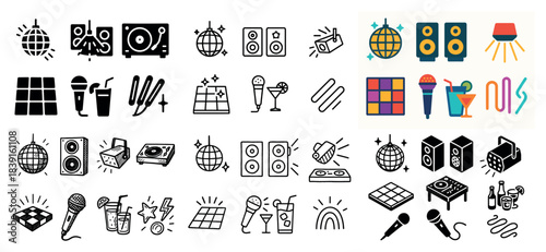 Music and dance icon collection in black and color