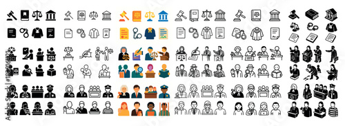 Legal and judicial icons collection in various styles