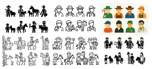 Cartoon farmers and animals diverse collection